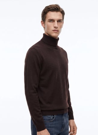 Fabrika Kahverengi Erkek Tam Balıkçı Slim Fit Triko Kazak F6WM-KZK 2595