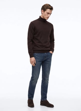 Fabrika Kahverengi Erkek Tam Balıkçı Slim Fit Triko Kazak F6WM-KZK 2595