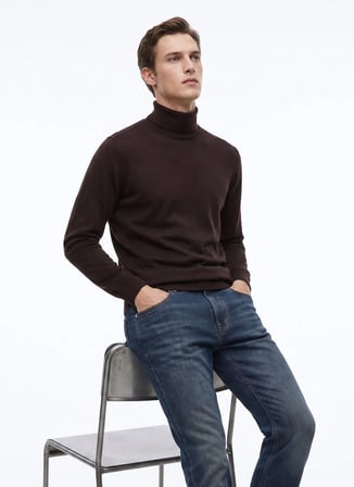 Fabrika Kahverengi Erkek Tam Balıkçı Slim Fit Triko Kazak F6WM-KZK 2595