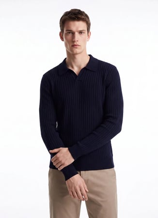 Fabrika Lacivert Erkek Slim Fit Fitilli Kazak F6WM-KZK 2033