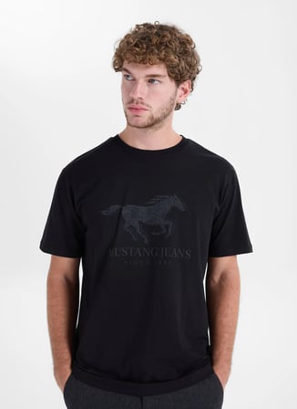Mustang Siyah Erkek Relaxed Baskılı T-Shirt M6WM-TST1002