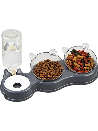 Glipet Kedi Köpek Çift Hazneli 3'Lü Beslenme Mama ve Su Kabı 500 ml 36x21x16 Cm