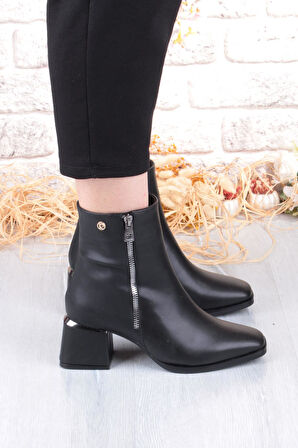 Pierre Cardin 54971 Siyah Cilt Fermuar Detaylı Kalın Topuklu Kadın Bot