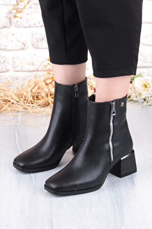 Pierre Cardin 54971 Siyah Cilt Fermuar Detaylı Kalın Topuklu Kadın Bot