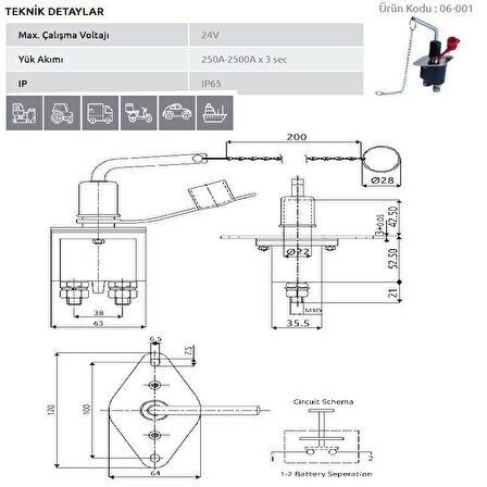 Aksa Tır Devre Kesici Akü Şalter 12-24V Isıya Dayanıklı - 06-001