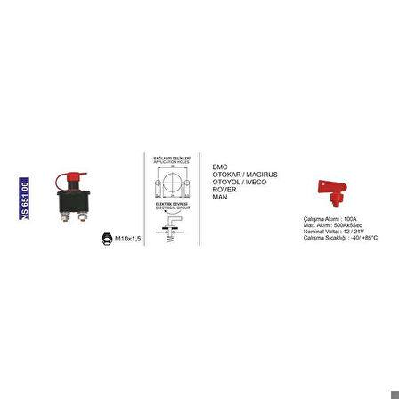 Akü Devre Kesicisi Bmc.Küçük Araçlar-Magırus Minibüs-Otoyol-Rover -Man/Unıversal 81255066037 - NS65100