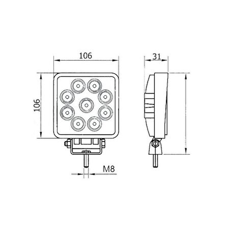 Kare Çalışma Lambası 9 Ledli 27W(Power Led) Beyaz - 90