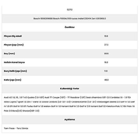 Form Metal 52712 Audi A3 16 Kanal 10 Diş 10062096 Marş Dişlisi