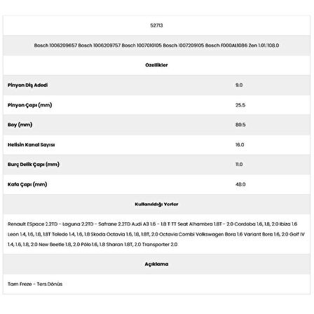 Form Metal 52713 Bora 16 Kanal 9 Diş 10062096 Marş Dişlisi