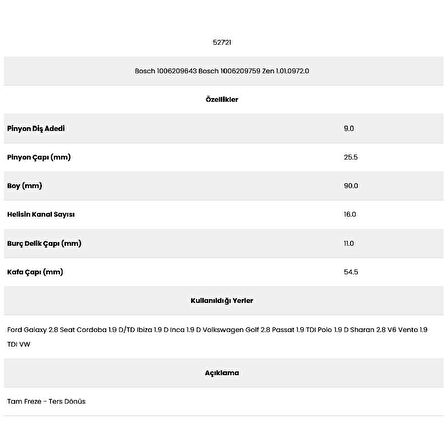 Form Metal 52721 Passat 16 Kana 9 Diş 10062096 Marş Dişlisi
