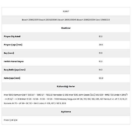 Form Metal 52857 Massey Ferguson 10 Kanal 10 Diş 20062091 Marş Dişlisi
