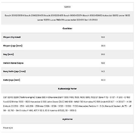 Form Metal 52859 John Deere 10 Kanal 10 Diş 20062093 Marş Dişlisi