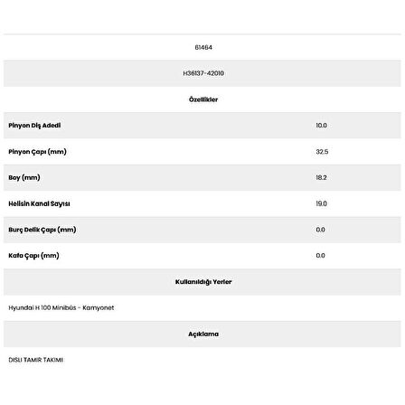 Form Metal H 100 61464 19 Kanal 10 Diş H3613742 Marş Dişlisi