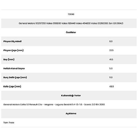 Form Metal 72698 Megane 5 Kanal 8 Diş 71509930 Marş Dişlisi