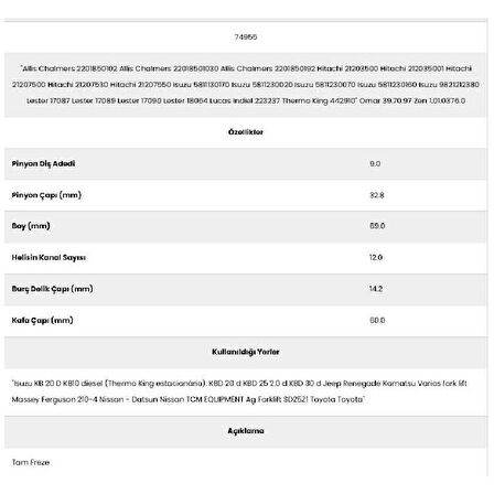 Form Metal 74955 Isuzu 12 Kanal 9 Diş Marş Dişlisi