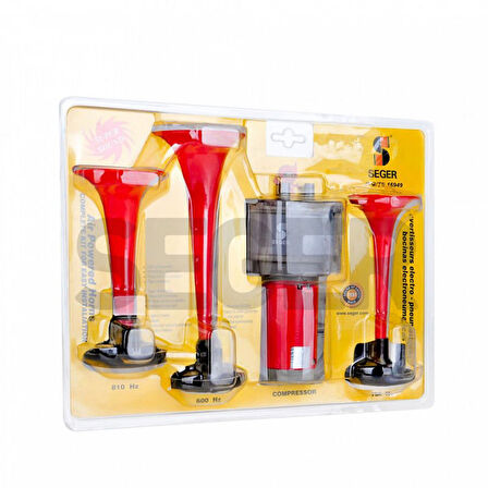 SEGER-80Kh Kompresörlü Korna 12V, Kırmızı Renkli Plastik Borulu, Melodili
