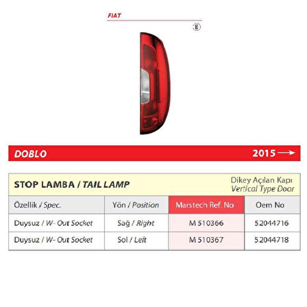 Fiat Doblo Sağ Arka Stop Lambası Duysuz (Dikey Açılan) 2015 > -52044718