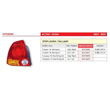 Hyundai Accent Verna Duylu Sağ Arka Stop Lambası 2003-2005 -92402-25510