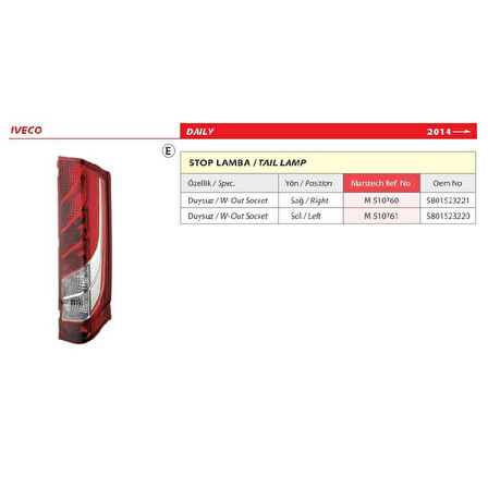 İveco Daily Duysuz Sol Stop Lambası 2014> -5801523220