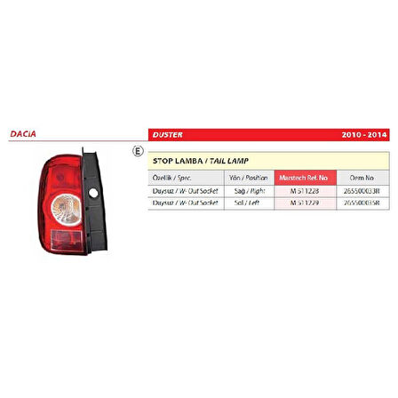 Dacia Duster Duysuz Sol arka Stop Lambası 2014-2014 -265500033R