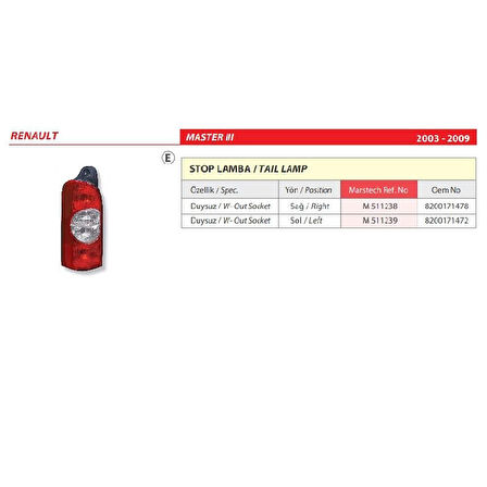 Renault Master III Duysuz Sol Arka Stop Lambası 2003-2009 -8200171472