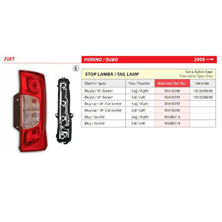 Fiat Fiorino Sol Arka Duysuz Stop Lambası (Yana Açılır Kapı) 2008>
