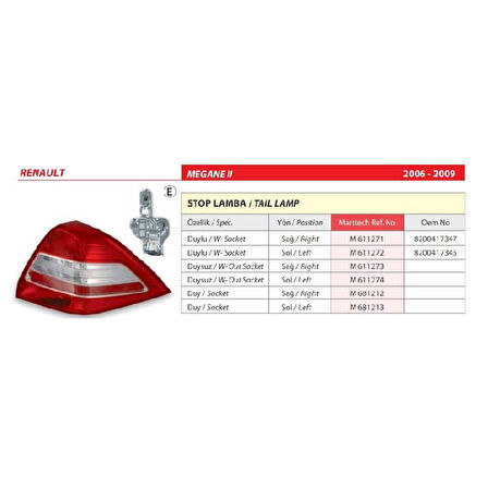 Renault Megan II Duysuz Sol Arka Stop Lambası 2006-2009