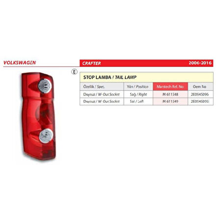 Volkswagen Crafter Sağ Stop Lambası 2006-2016 -2E0945096