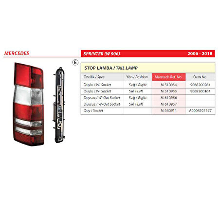 Mercedes Sprinter Sol Stop Lamba 2006 Sonrası 9068200164