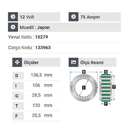 NURSAN 150412 Statör 12V 75A Hyundai Y.M.Grandsalon-Stratex-Gallober-Sanata Dar Tip