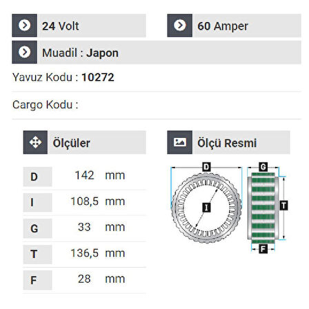 NURSAN 150924 Statör 24V 60A Isuzu Shampion Turkuaz E.M 1997-2002 Arası