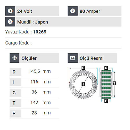 NURSAN 151124 Statör 24V 80A Isuzu Shampion Turkuaz 31 Y.M 2003-04-05-06