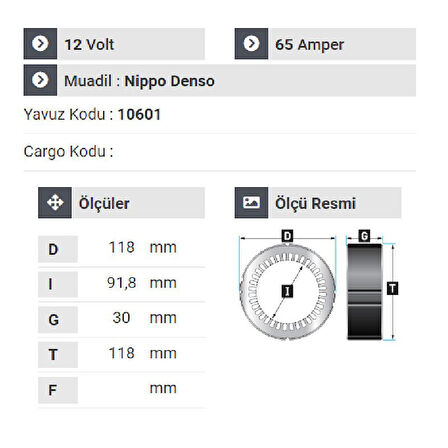 NURSAN 160212 Statör 12V 65A Tip Fiat Doblo Kapaklı