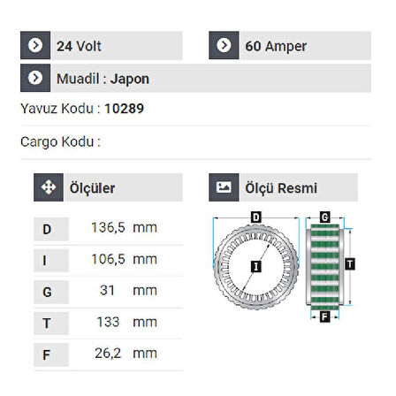 NURSAN 160424 Statör 24V 60A Mitsubishi Fuso Canter 859 Ef Vakumsuz Geniş 10289