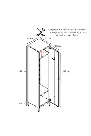 Pera Metal Elbise Dolabı, Soyunma Dolabı, Tek Kapılı, 41,50 x 40 x 189,50 cm