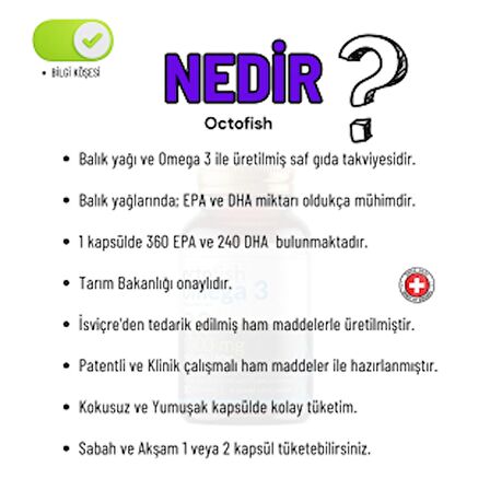 OCTOFISH Omega-3 Gıda Takviyesi Dha Epa Balık Yağı Kokusuz 30 Kapsül Beyin Göz 30 adet 1000mg Yumuşak Kapsül Octofish