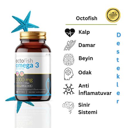 OCTOFISH Omega-3 Gıda Takviyesi Dha Epa Balık Yağı Kokusuz 30 Kapsül Beyin Göz 30 adet 1000mg Yumuşak Kapsül Octofish