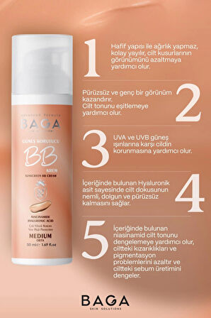 Baga 50+Spf BB Krem Medium Leke oluşumunu Önlemeye Yardımcı Olur, Aydınlık ve Canlılık Sağlar 