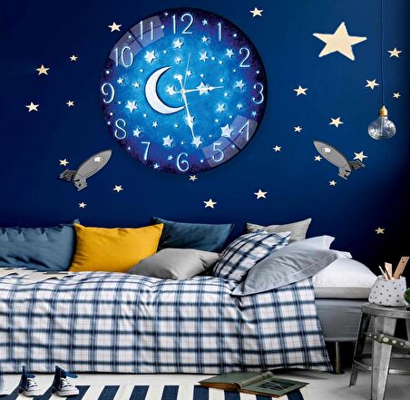 Gece Ay Yıldız Cam Saat - 40 cm