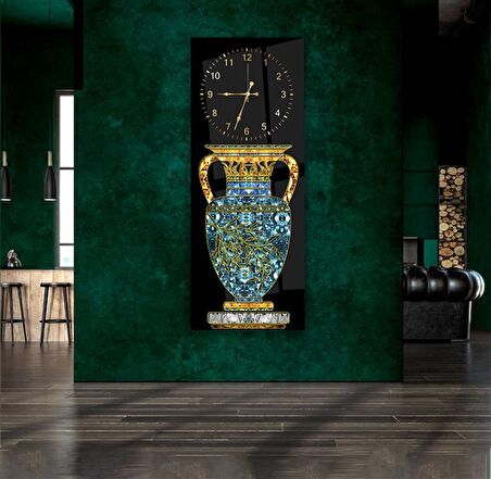 Saatli Antik Vazo Cam Tablo