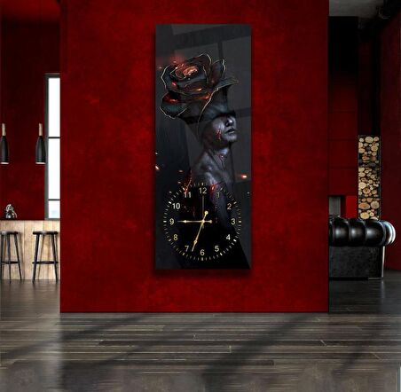 Saatli Güllü Kadın Cam Tablo