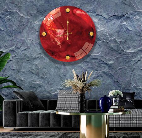 Kırmızı Mermer Cam Saat - 60 cm