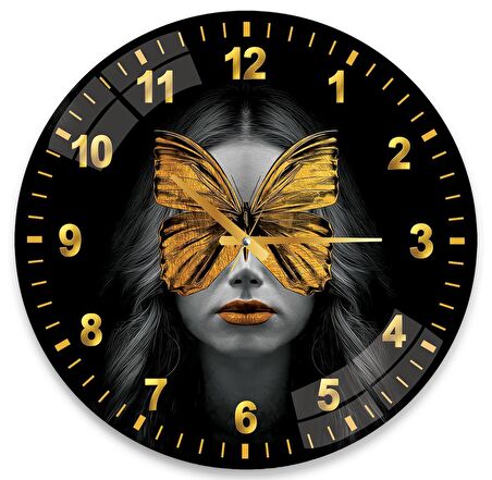 Gold Kelebekli Kız Cam Saat - 60 cm