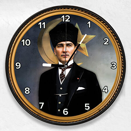 3D Kalpaklı Atatürk Kanvas Duvar Saati - 30 cm