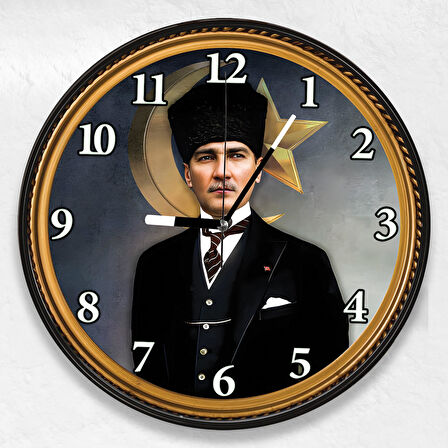 3D Kalpaklı Atatürk Kanvas Duvar Saati - 40 cm