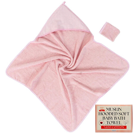 tagopia Müslin Başlıklı Bebek Havlusu Kız %100 Pamuk Pembe 75x80cm Banyo Eldiveni Hediyeli