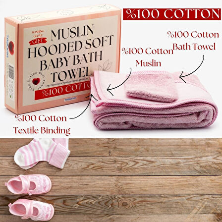tagopia Müslin Başlıklı Bebek Havlusu Kız %100 Pamuk Pembe 75x80cm Banyo Eldiveni Hediyeli