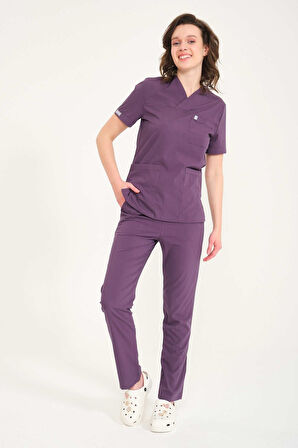 Mürdüm Likralı Zarf Yaka Scrubs Doktor Hemşire Forması Takım Unisex