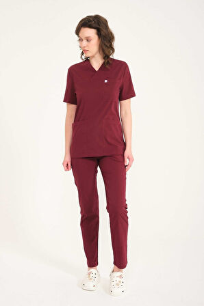 Bordo Likralı Zarf Yaka Scrubs Doktor Hemşire Forması Takım Unisex