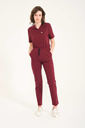 Bordo Likralı Zarf Yaka Scrubs Doktor Hemşire Forması Takım Unisex